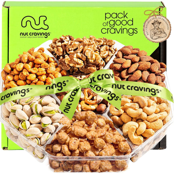Gourmet  Treats - Mixed Nuts Gift Basket + Green Ribbon (7 Assortments, 1 LB)