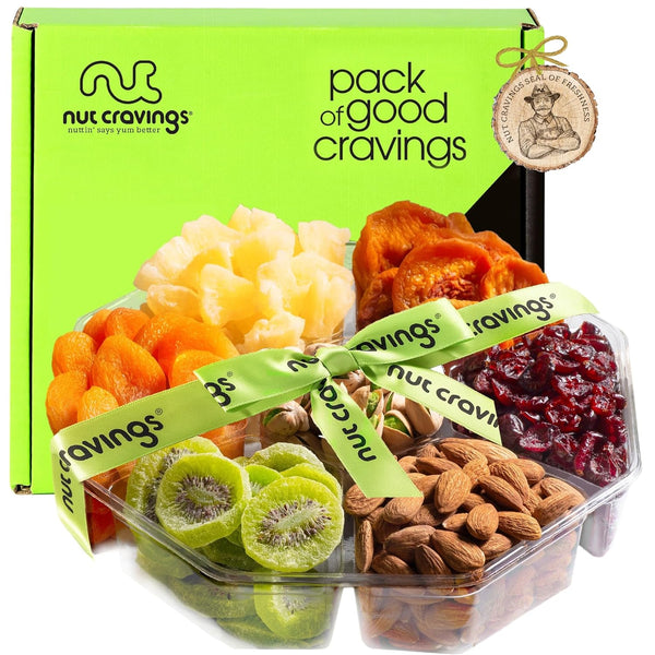 Gourmet Treats - Dried Fruit & Mixed Nuts Gift Basket + Green Ribbon (7 Assortments, 2 LB) 