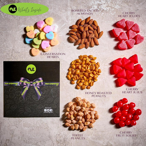 Gourmet  Treats - Mixed Nuts & Heart Candy Gift Basket in Red Gold Box (7 Assortments, 1 LB)