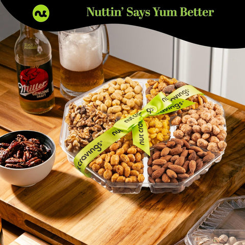 Gourmet  Treats - Mixed Nuts Gift Basket + Green Ribbon Classic (7 Assortments, 1 LB)