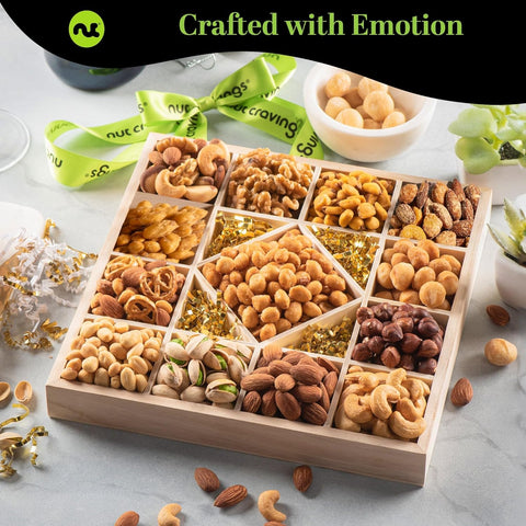 Gourmet  Treats - Mixed Nuts Gift Basket in Reusable Diamond Wooden Tray + Green Ribbon (13 Assortments)