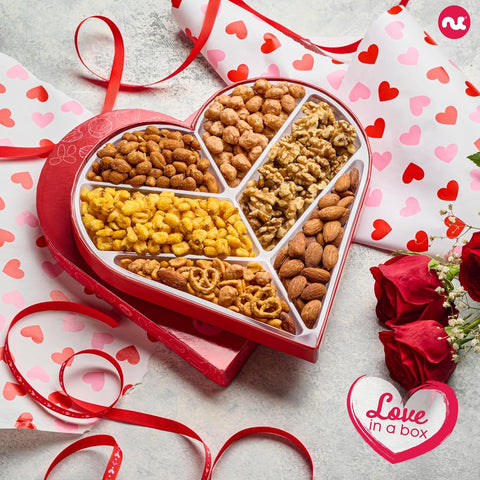 Gourmet  Treats - Mixed Nuts Heart Shaped Gift Basket, Love in A Box (6 Assortments)