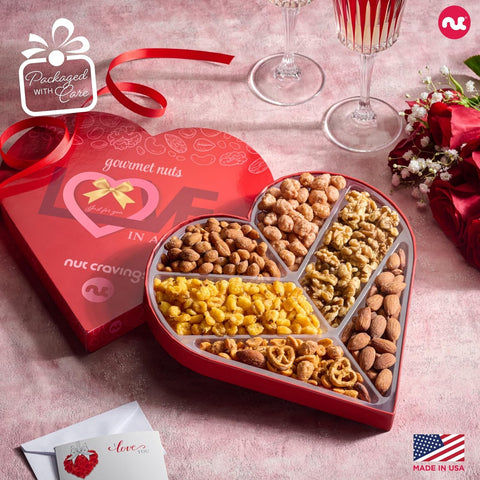 Gourmet  Treats - Mixed Nuts Heart Shaped Gift Basket, Love in A Box (6 Assortments)