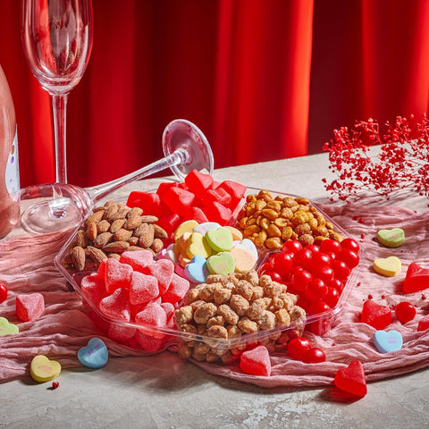 Gourmet  Treats - Mixed Nuts & Heart Candy Gift Basket in Red Gold Box (7 Assortments, 1 LB)