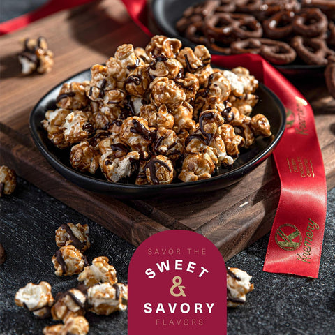 Creamy Chocolate Cravings -  Chocolate Covered Pretzels & Caramel Popcorn Gift Basket, in Seagrass Tray + Ribbon (Premium, 2.5 lbs)