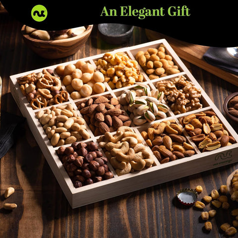 Gourmet  Treats - Mixed Nuts Gift Basket in Reusable Wooden Tray + Green Ribbon (12 Assortments)