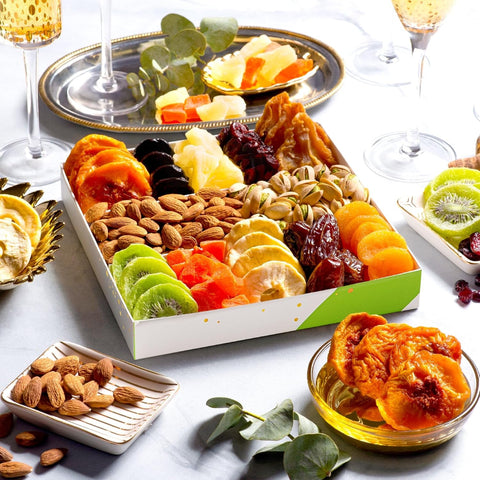 Gourmet  Treats - Dried Fruit & Mixed Nuts Gift Basket in White Gold Box (12 Assortments)