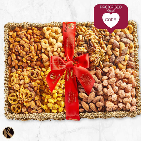 Gourmet Nut Gift Basket - Treats, Mixed Nuts Gift Basket in Seagrass Tray with Ribbon (8 Assortments)