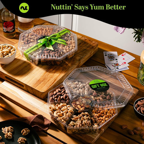Gourmet  Treats - Mixed Nuts Gift Basket + Green Ribbon (7 Assortments, 1 LB)