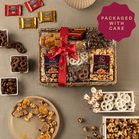 Creamy Chocolate Cravings -  Chocolate Covered Pretzels & Caramel Popcorn Gift Basket, in Seagrass Tray + Ribbon (Premium, 2.5 lbs)