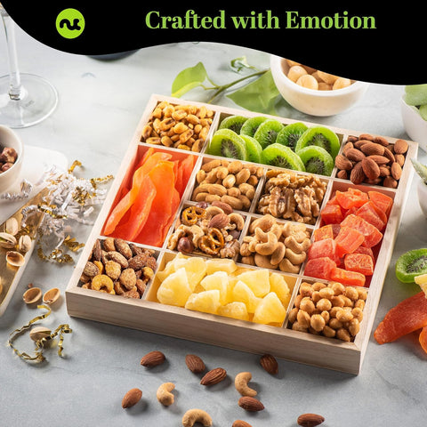 Gourmet  Treats - Dried Fruit & Mixed Nuts Gift Basket in Reusable Wooden Tray + Ribbon (12 Assortments)