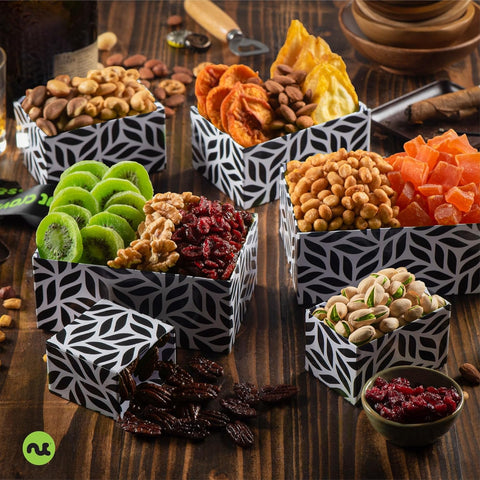 Gourmet  Treats - Dried Fruit & Mixed Nuts Gift Basket Leaf Tower + Ribbon (12 Assortments)