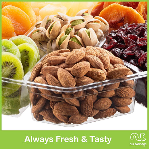 Gourmet Treats - Dried Fruit & Mixed Nuts Gift Basket + Green Ribbon (7 Assortments, 2 LB) 