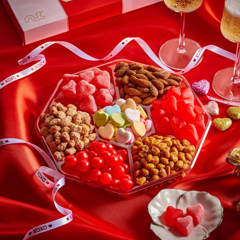 Gourmet  Treats - Mixed Nuts & Heart Candy Gift Basket in Red Gold Box (7 Assortments, 1 LB)