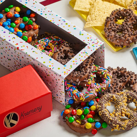 Creamy Chocolate Cravings -  Chocolate Covered Pretzel Twists Gift Basket, in Confetti Tower (12 Pretzels, Assorted Sweet Toppings)
