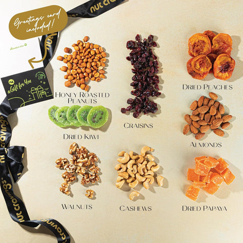 Gourmet  Treats - Dried Fruit & Mixed Nuts Gift Basket, in Black Tower + Ribbon (8 Assortments)