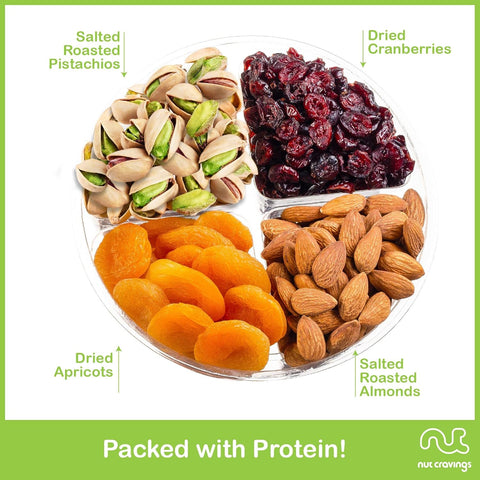 Gourmet  Treats - Dried Fruit & Mixed Nuts Gift Basket + Green Ribbon (4 Assortments)