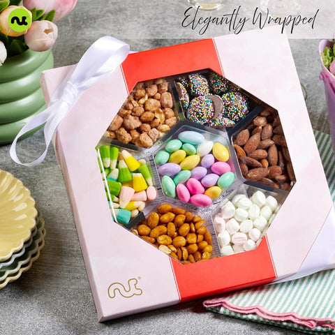 Gourmet  Treats - Candies & Mixed Nuts Gift Basket in Red & Gold Box (7 Assortments, 1 LB)