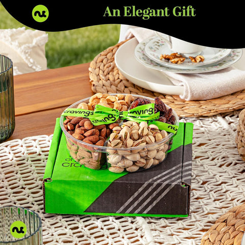 Gourmet  Treats - Mixed Nuts Gift Basket + Green Ribbon (4 Assortments)
