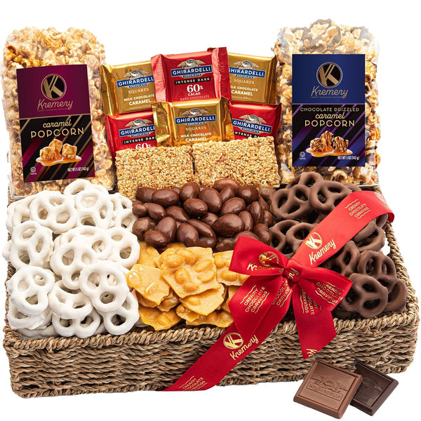 Creamy Chocolate Cravings - Covered Pretzels & Caramel Popcorn Gift Basket, in Seagrass Tray + Ribbon (Deluxe, 3.5 lbs)