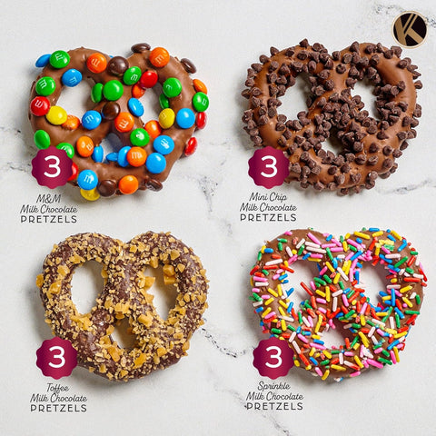 Creamy Chocolate Cravings -  Chocolate Covered Pretzel Twists Gift Basket, in Confetti Tower (12 Pretzels, Assorted Sweet Toppings)