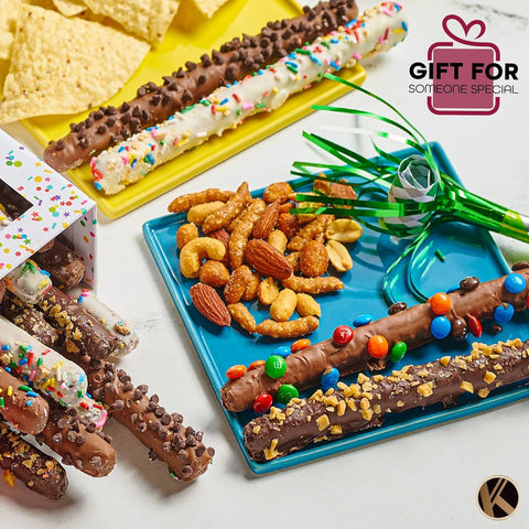 Creamy Chocolate Cravings -  Chocolate Covered Pretzel Rods Gift Basket, in Confetti Tower (10 Pretzels, Assorted Sweet Toppings)