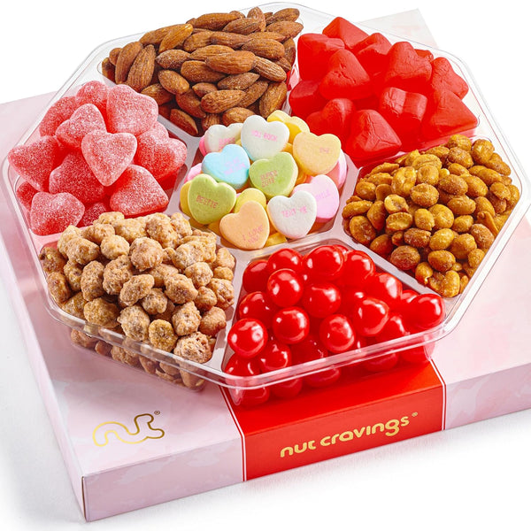 Gourmet  Treats - Mixed Nuts & Heart Candy Gift Basket in Red Gold Box (7 Assortments, 1 LB)