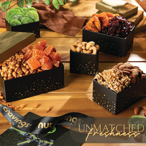 Gourmet  Treats - Dried Fruit & Mixed Nuts Gift Basket, in Black Tower + Ribbon (8 Assortments)