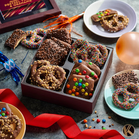 Creamy Chocolate Cravings -  Chocolate Covered Pretzel Twists & Grahams Cookies Gift Basket, in Brown Gift Box (12 Count, Assorted Sweet Toppings)