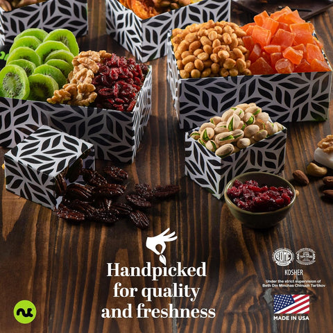 Gourmet  Treats - Dried Fruit & Mixed Nuts Gift Basket Leaf Tower + Ribbon (12 Assortments)