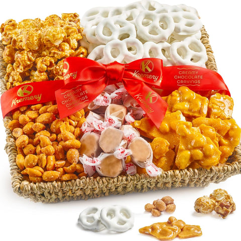 Creamy Chocolate Cravings -  Chocolate Covered Pretzels & Caramel Popcorn Gift Basket, in Seagrass Tray + Ribbon (Classic, 1.5 lbs)