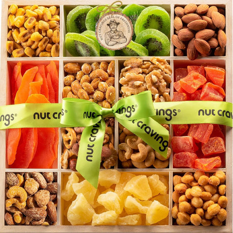 Gourmet  Treats - Dried Fruit & Mixed Nuts Gift Basket in Reusable Wooden Tray + Ribbon (12 Assortments)