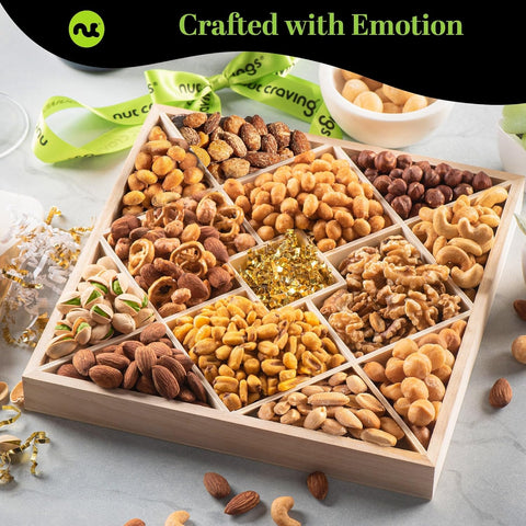 Gourmet  Treats - Mixed Nuts Gift Basket in Reusable Diamond Wooden Tray + Green Ribbon (12 Assortments)