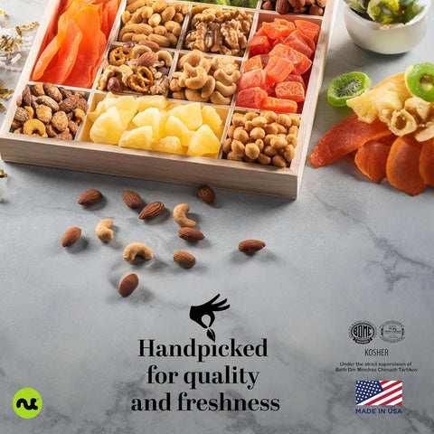 Gourmet  Treats - Dried Fruit & Mixed Nuts Gift Basket in Reusable Wooden Tray + Ribbon (12 Assortments)