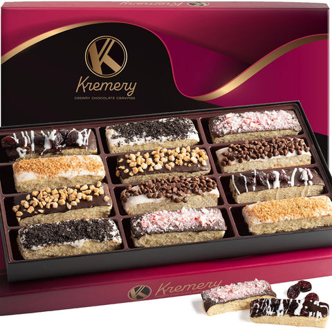 Creamy Chocolate Cravings -  Chocolate Covered Biscotti Cookies Gift Basket, in Elegant Gift Box (12 Biscotties, Assorted Sweet Toppings)