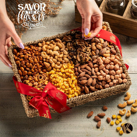 Gourmet Nut Gift Basket - Treats, Mixed Nuts Gift Basket in Seagrass Tray with Ribbon (8 Assortments)