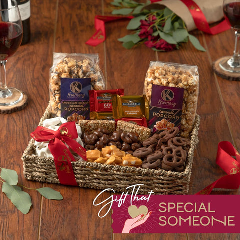 Creamy Chocolate Cravings -  Chocolate Covered Pretzels & Caramel Popcorn Gift Basket, in Seagrass Tray + Ribbon (Premium, 2.5 lbs)