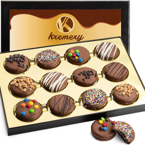 Creamy Chocolate Cravings -  Chocolate Covered Sandwich Cookies & Cream Gift Basket, in Sectional Gift Box (12 Cookies, Assorted Sweet Toppings) 