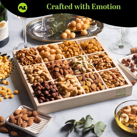 Gourmet  Treats - Mixed Nuts Gift Basket in Reusable Wooden Tray + Green Ribbon (12 Assortments)