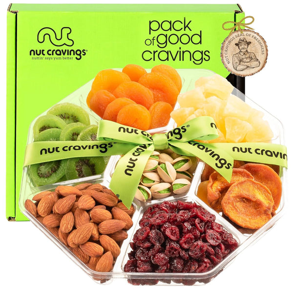 Gourmet  Treats - Dried Fruit & Mixed Nuts Gift Basket + Green Ribbon (7 Assortments, 1 LB) 