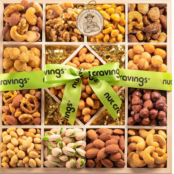 Gourmet  Treats - Mixed Nuts Gift Basket in Reusable Diamond Wooden Tray + Green Ribbon (13 Assortments)