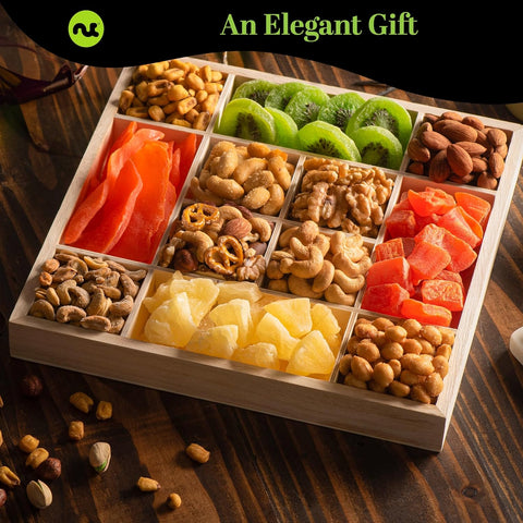 Gourmet  Treats - Dried Fruit & Mixed Nuts Gift Basket in Reusable Wooden Tray + Ribbon (12 Assortments)