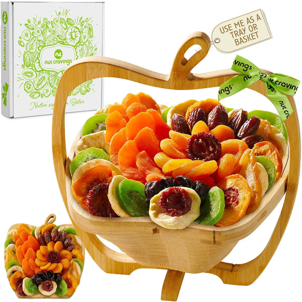 Dried Fruit Flower Bouquet Arrangement in Wooden Apple-Shaped Gift Basket + Tray (9 Assortment)