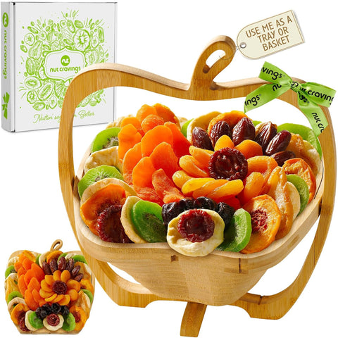 Dried Fruit Flower Bouquet Arrangement in Wooden Apple-Shaped Gift Basket + Tray (9 Assortment)