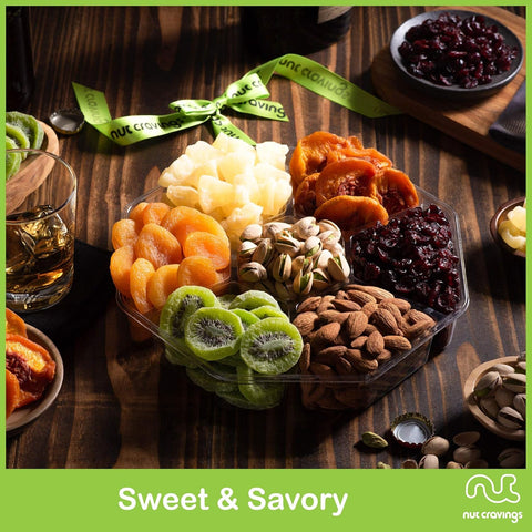Gourmet  Treats - Dried Fruit & Mixed Nuts Gift Basket + Green Ribbon (7 Assortments, 1 LB) 