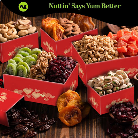 Gourmet  Treats - Dried Fruit & Mixed Nuts Gift Basket Green Tower + Ribbon (12 Assortments) 