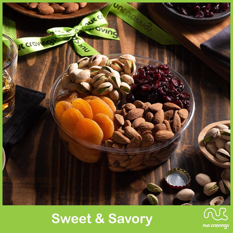 Gourmet  Treats - Dried Fruit & Mixed Nuts Gift Basket + Green Ribbon (4 Assortments)