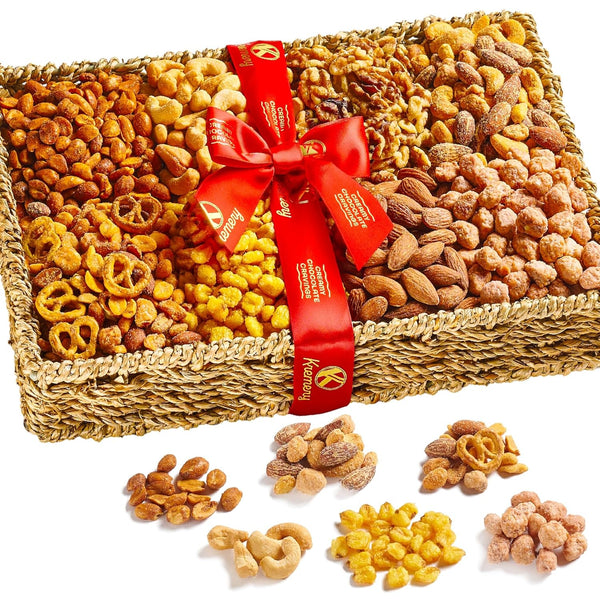 Gourmet Nut Gift Basket - Treats, Mixed Nuts Gift Basket in Seagrass Tray with Ribbon (8 Assortments)