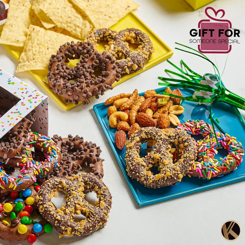 Creamy Chocolate Cravings -  Chocolate Covered Pretzel Twists Gift Basket, in Confetti Tower (12 Pretzels, Assorted Sweet Toppings)