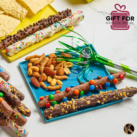 Creamy Chocolate Cravings -  Chocolate Covered Pretzel Rods Gift Basket, in Clear Tube (8 Pretzels, Assorted Sweet Toppings)